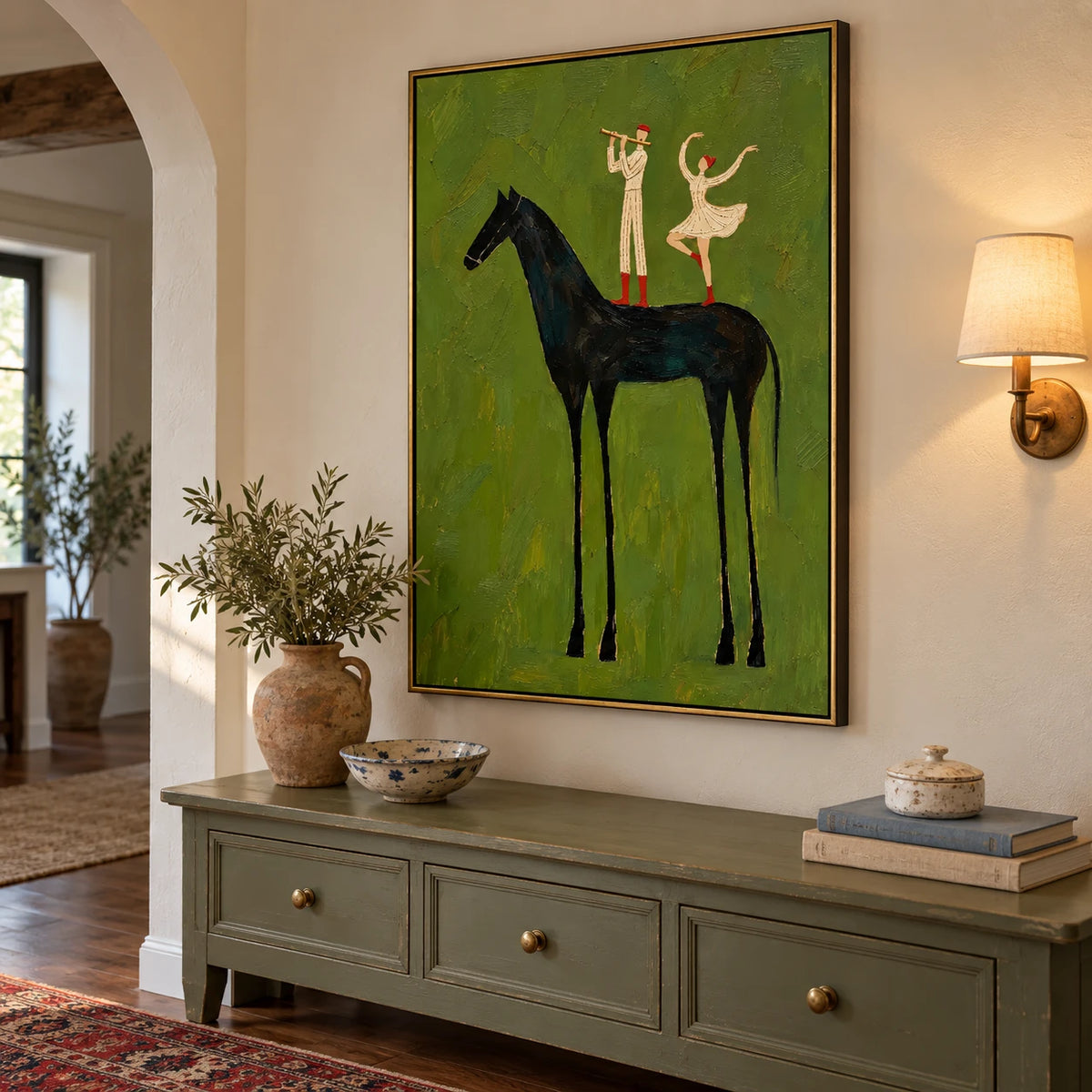 Ownanart Hand-Painted Black Horse with Musician and Dancer Oil Painting – Vertical surreal equestrian canvas, vertical figurative wall art, Original Canvas Art for Living Room and Office