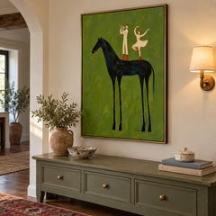 Ownanart Hand-Painted Black Horse with Musician and Dancer Oil Painting – Vertical surreal equestrian canvas, vertical figurative wall art, Original Canvas Art for Living Room and Office #OA 1478