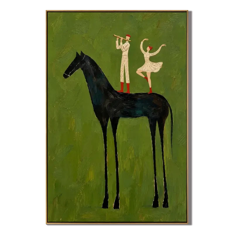 Ownanart Hand-Painted Black Horse with Musician and Dancer Oil Painting – Vertical surreal equestrian canvas, vertical figurative wall art, Original Canvas Art for Living Room and Office