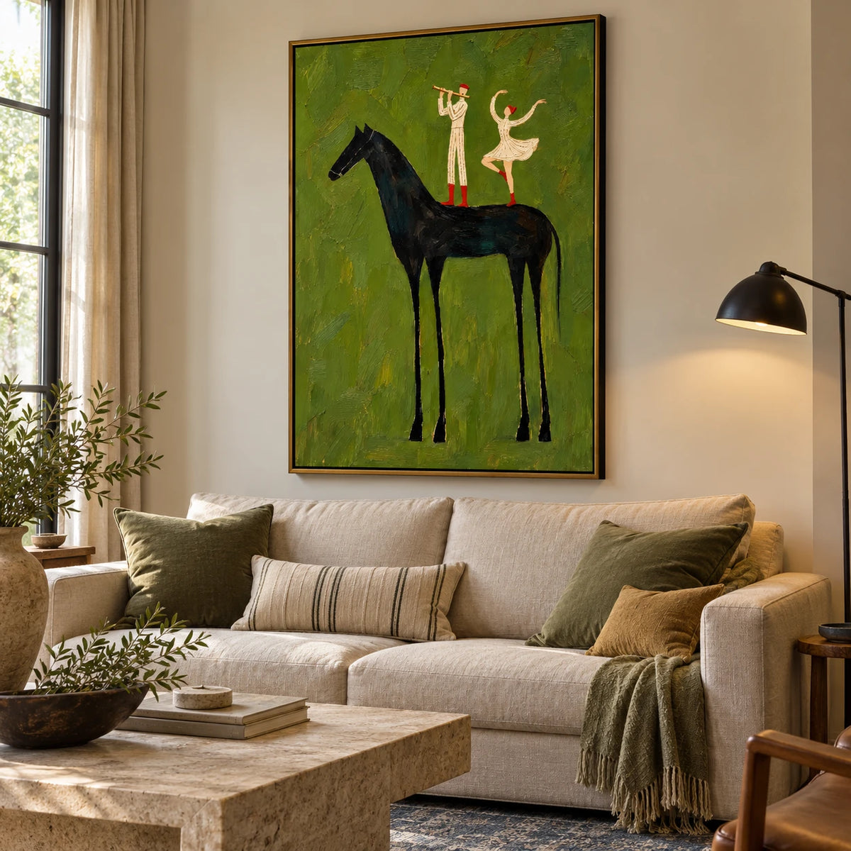 Ownanart Hand-Painted Black Horse with Musician and Dancer Oil Painting – Vertical surreal equestrian canvas, vertical figurative wall art, Original Canvas Art for Living Room and Office
