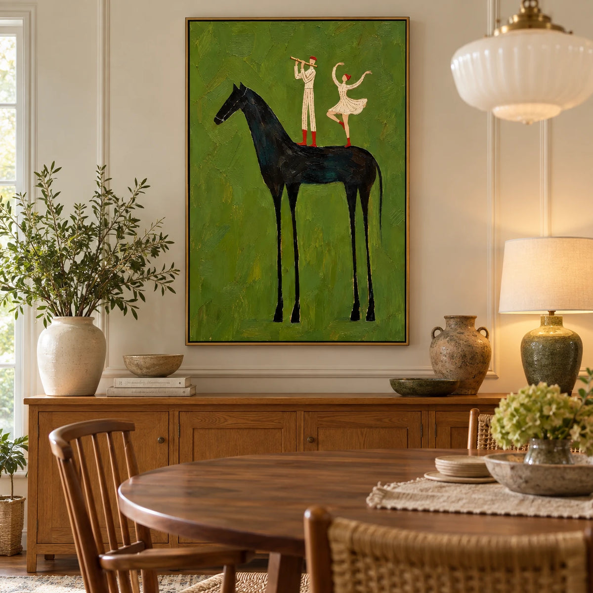 Ownanart Hand-Painted Black Horse with Musician and Dancer Oil Painting – Vertical surreal equestrian canvas, vertical figurative wall art, Original Canvas Art for Living Room and Office