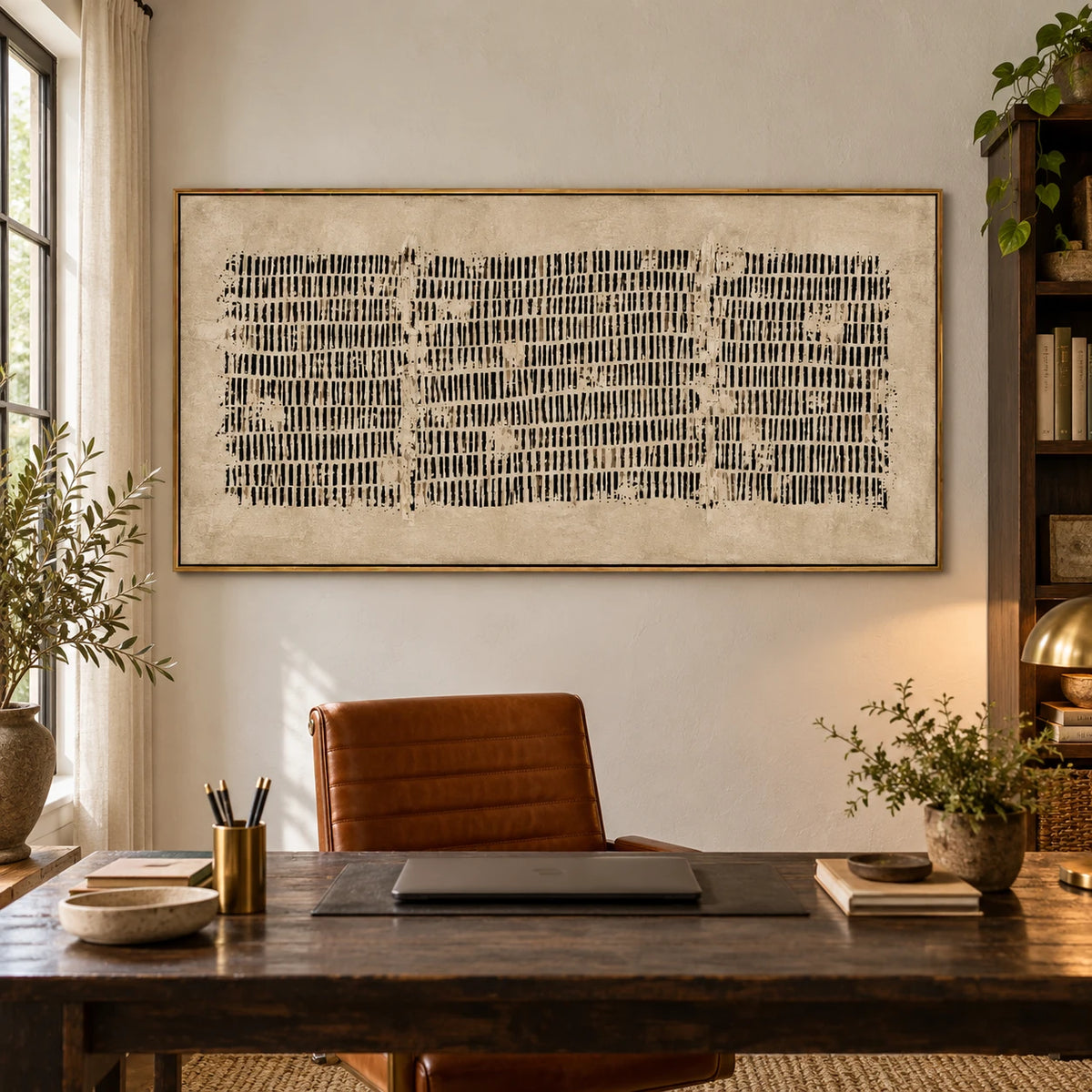 Ownanart Hand-Painted Black Linear Marks on Beige Oil Painting – Large Horizontal minimalist geometric canvas, neutral textured wall art, Original Canvas Art for Living Room and Office