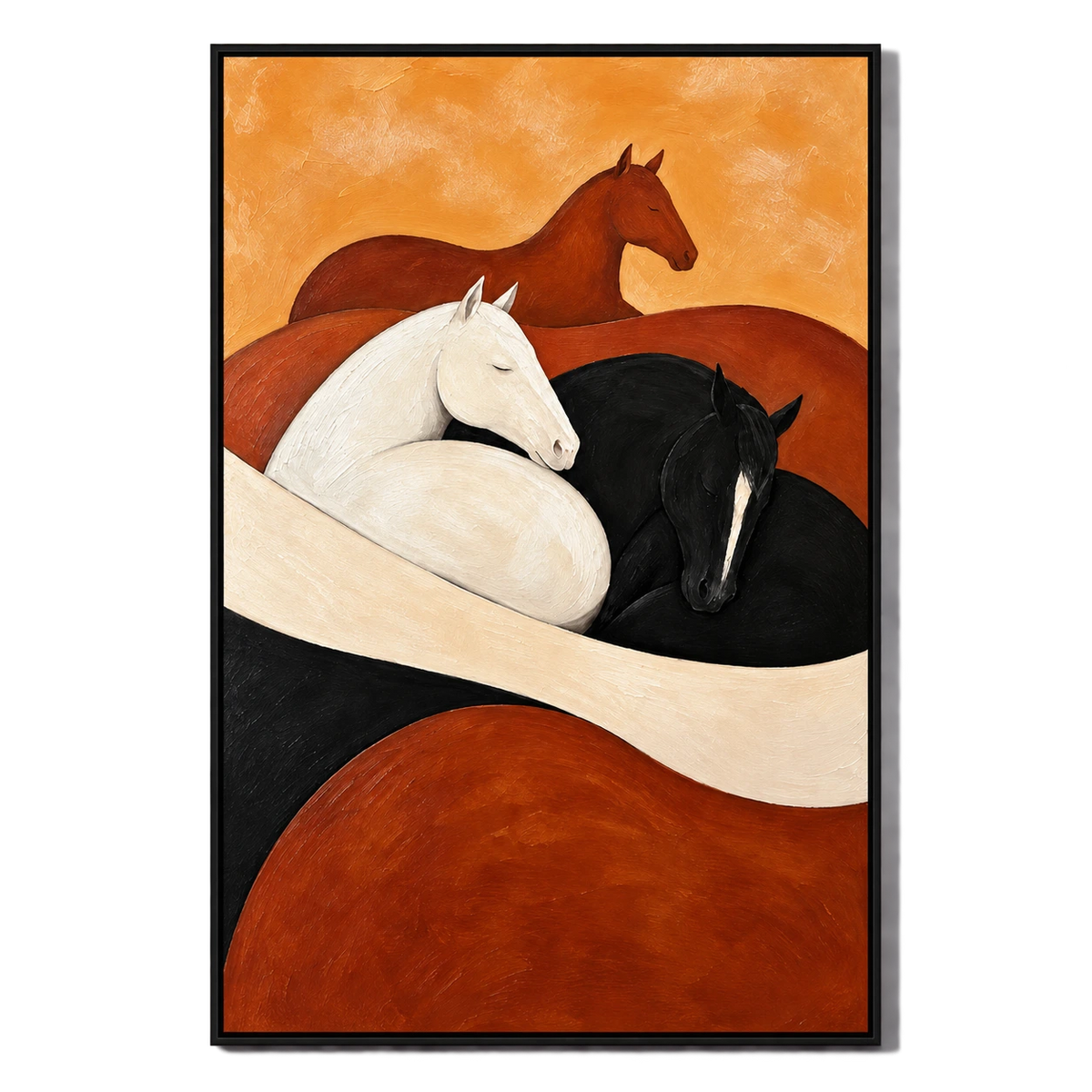 Ownanart Hand-Painted Black White and Chestnut Horses Oil Painting – Modern Abstract Equestrian Animal Art, 3D Textured Vertical Canvas Wall Art, Original Painting for Living Room Bedroom Entryway and Office