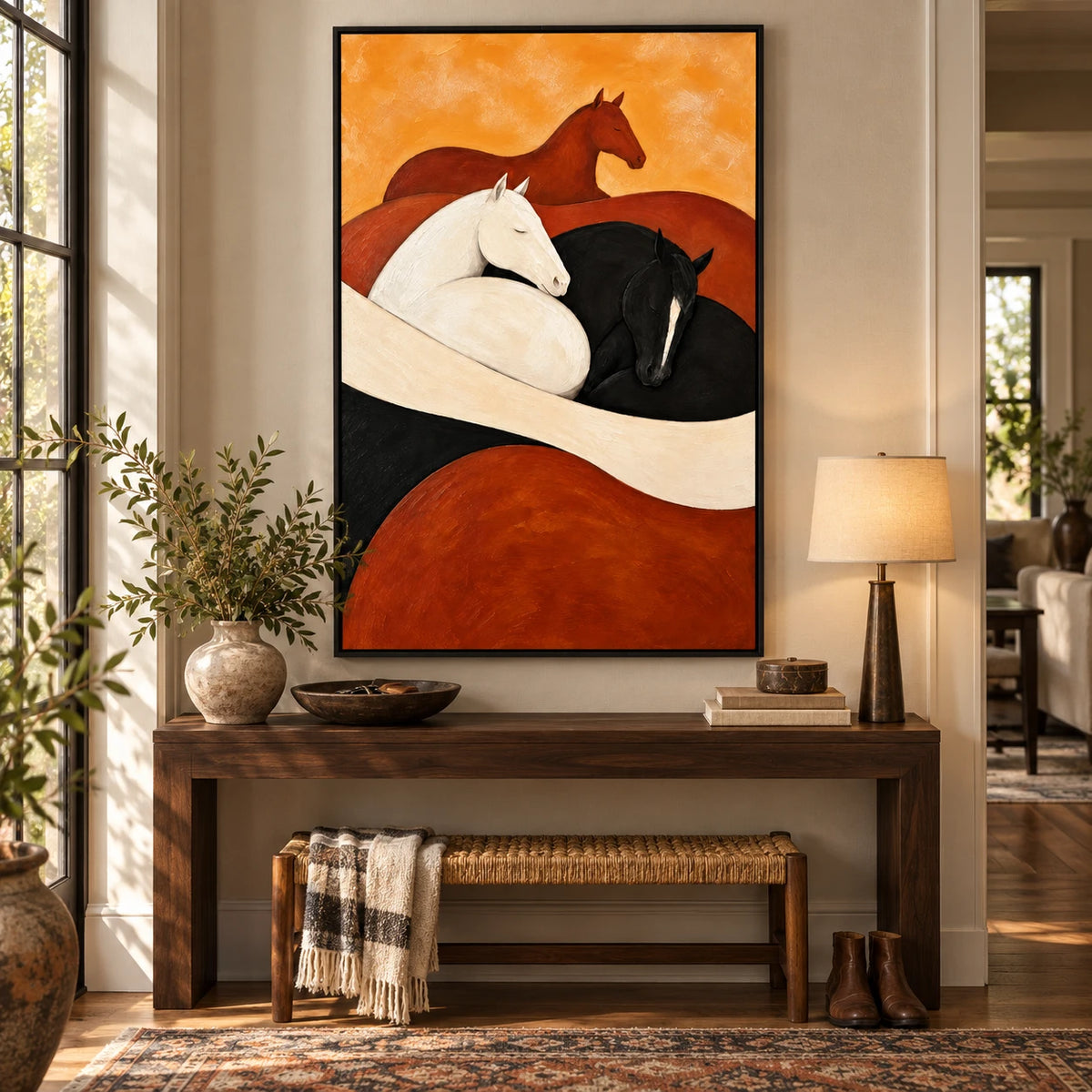 Ownanart Hand-Painted Black White and Chestnut Horses Oil Painting – Modern Abstract Equestrian Animal Art, 3D Textured Vertical Canvas Wall Art, Original Painting for Living Room Bedroom Entryway and Office