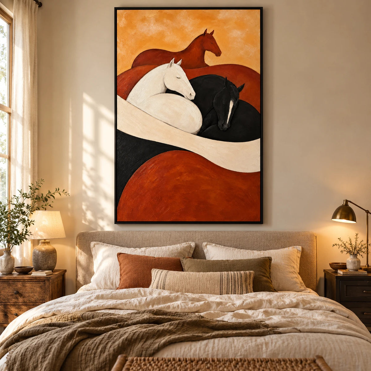Ownanart Hand-Painted Black White and Chestnut Horses Oil Painting – Modern Abstract Equestrian Animal Art, 3D Textured Vertical Canvas Wall Art, Original Painting for Living Room Bedroom Entryway and Office