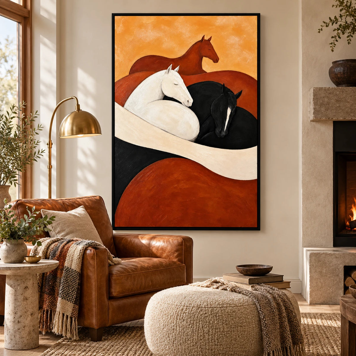 Ownanart Hand-Painted Black White and Chestnut Horses Oil Painting – Modern Abstract Equestrian Animal Art, 3D Textured Vertical Canvas Wall Art, Original Painting for Living Room Bedroom Entryway and Office