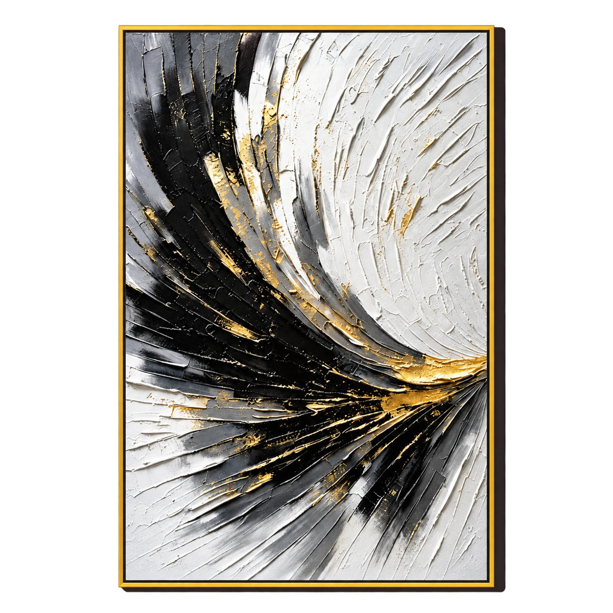 Ownanart Hand-Painted Black White and Gold Curved Lines Abstract Oil Painting – 3D Textured Vertical Impasto Canvas Wall Art for Living Room Bedroom Entryway and Office