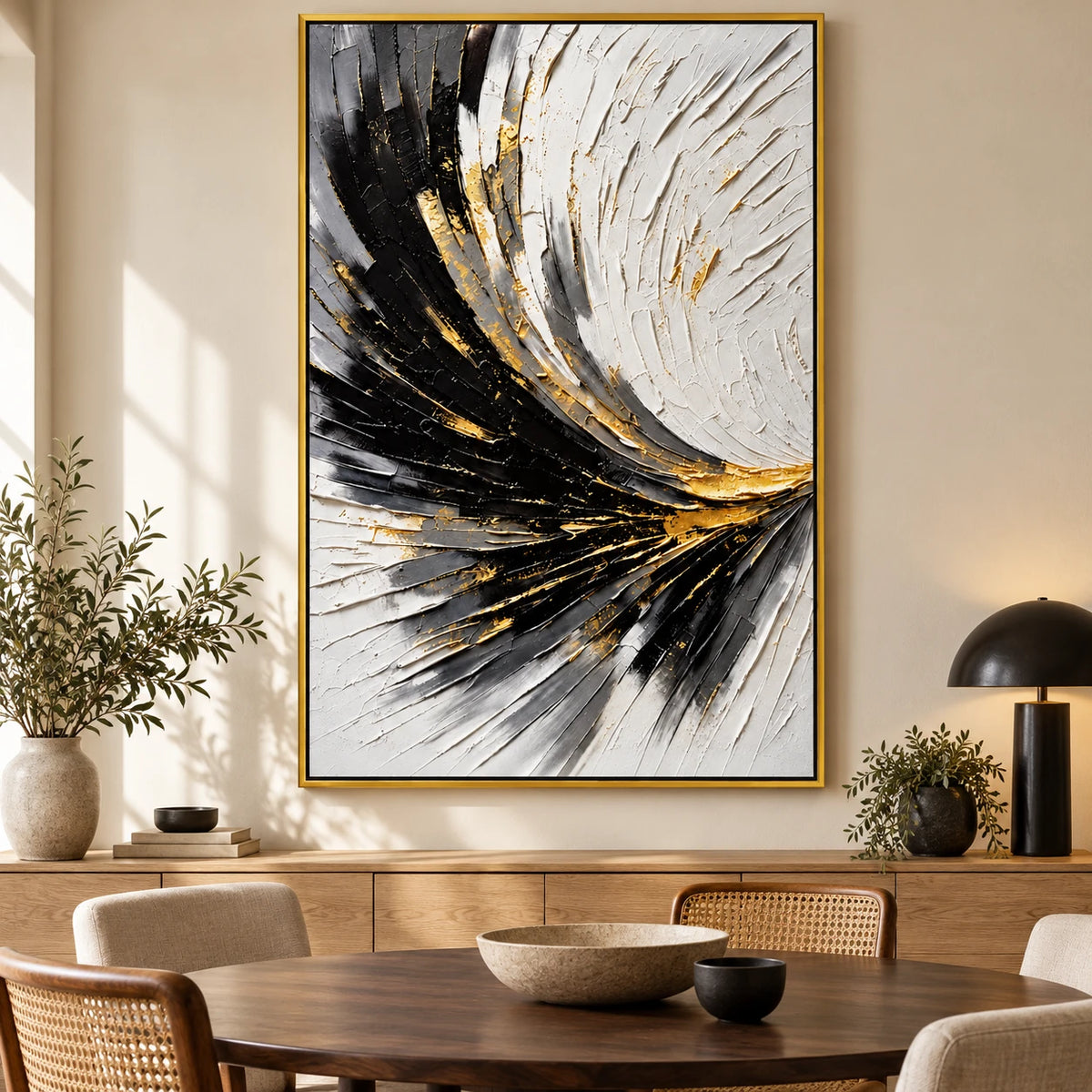 Ownanart Hand-Painted Black White and Gold Curved Lines Abstract Oil Painting – 3D Textured Vertical Impasto Canvas Wall Art for Living Room Bedroom Entryway and Office
