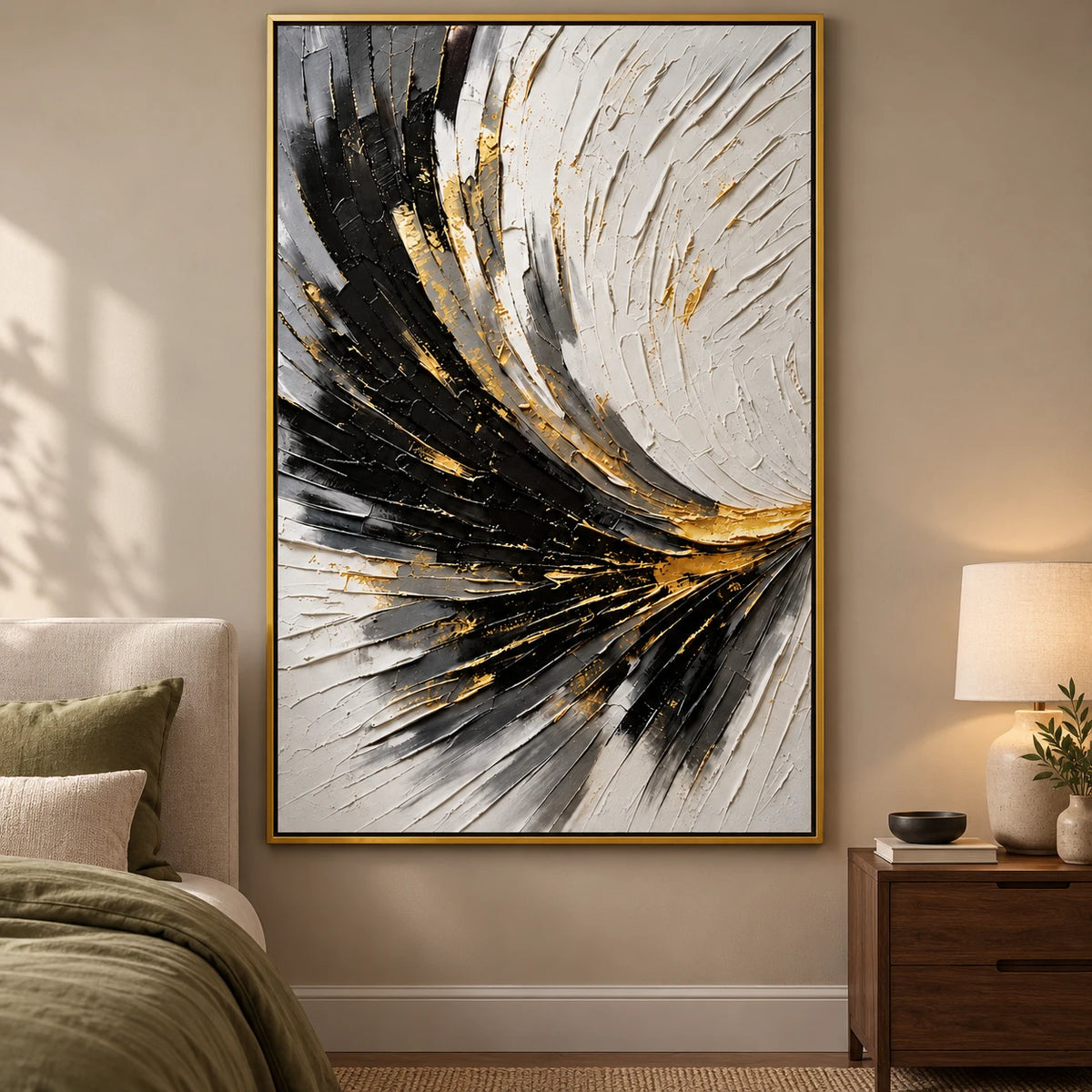 Ownanart Hand-Painted Black White and Gold Curved Lines Abstract Oil Painting – 3D Textured Vertical Impasto Canvas Wall Art for Living Room Bedroom Entryway and Office