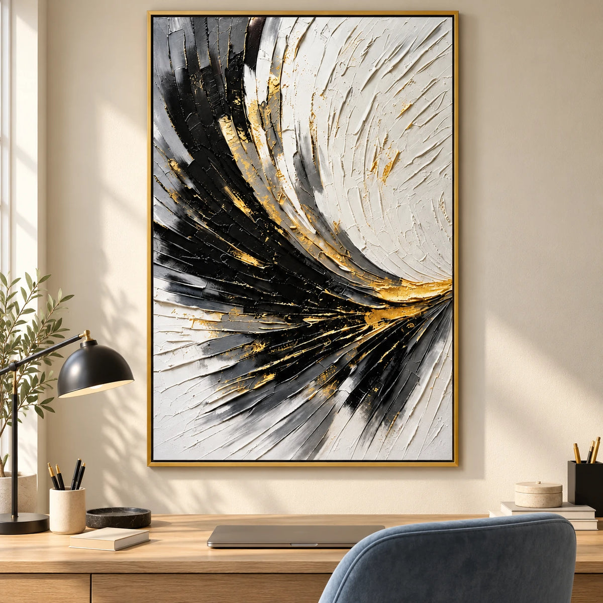 Ownanart Hand-Painted Black White and Gold Curved Lines Abstract Oil Painting – 3D Textured Vertical Impasto Canvas Wall Art for Living Room Bedroom Entryway and Office