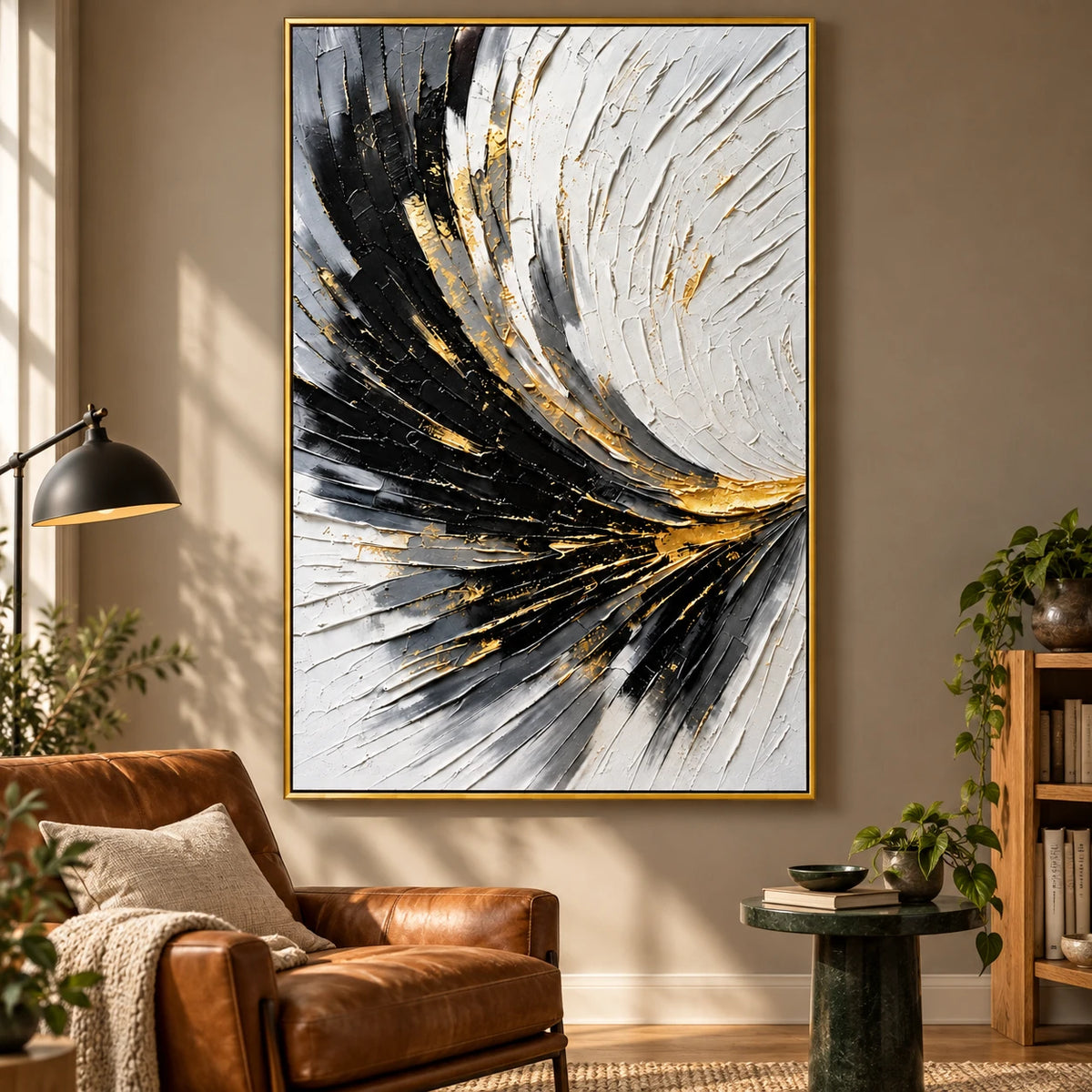 Ownanart Hand-Painted Black White and Gold Curved Lines Abstract Oil Painting – 3D Textured Vertical Impasto Canvas Wall Art for Living Room Bedroom Entryway and Office