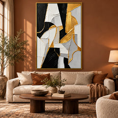 Ownanart Hand-Painted Black White Grey and Gold Geometric Abstract Oil Painting – 3D Textured Vertical Impasto Canvas Wall Art for Living Room Bedroom Entryway and Office #OA 1549