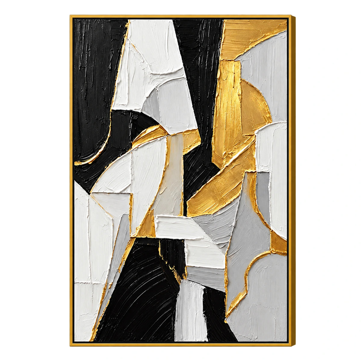 Ownanart Hand-Painted Black White Grey and Gold Geometric Abstract Oil Painting – 3D Textured Vertical Impasto Canvas Wall Art for Living Room Bedroom Entryway and Office