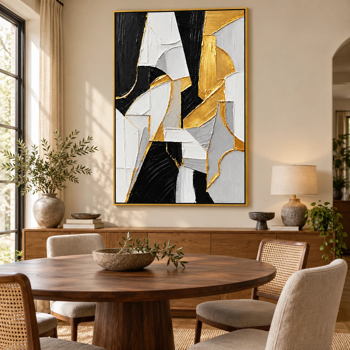 Ownanart Hand-Painted Black White Grey and Gold Geometric Abstract Oil Painting – 3D Textured Vertical Impasto Canvas Wall Art for Living Room Bedroom Entryway and Office