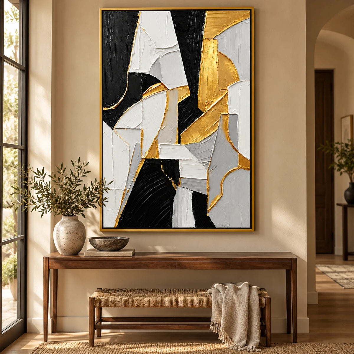 Ownanart Hand-Painted Black White Grey and Gold Geometric Abstract Oil Painting – 3D Textured Vertical Impasto Canvas Wall Art for Living Room Bedroom Entryway and Office
