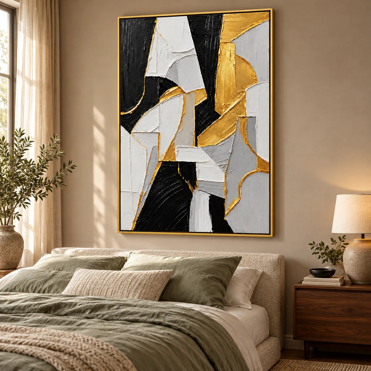 Ownanart Hand-Painted Black White Grey and Gold Geometric Abstract Oil Painting – 3D Textured Vertical Impasto Canvas Wall Art for Living Room Bedroom Entryway and Office