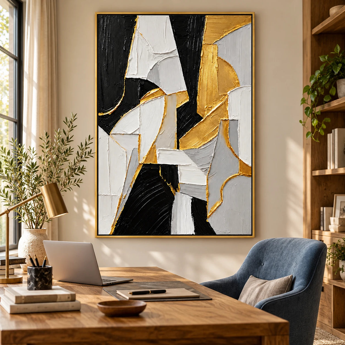 Ownanart Hand-Painted Black White Grey and Gold Geometric Abstract Oil Painting – 3D Textured Vertical Impasto Canvas Wall Art for Living Room Bedroom Entryway and Office