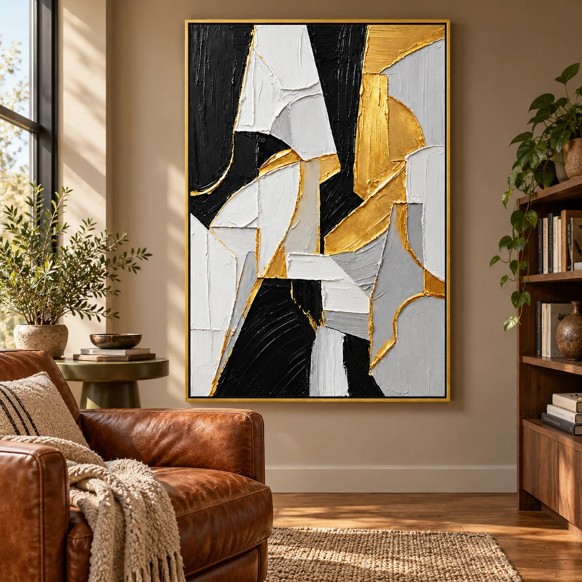 Ownanart Hand-Painted Black White Grey and Gold Geometric Abstract Oil Painting – 3D Textured Vertical Impasto Canvas Wall Art for Living Room Bedroom Entryway and Office