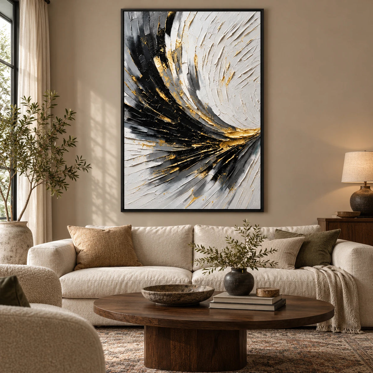 Ownanart Hand-Painted Black White Grey and Gold Sweeping Lines Abstract Oil Painting – 3D Textured Vertical Impasto Canvas Wall Art for Living Room Bedroom Entryway and Office