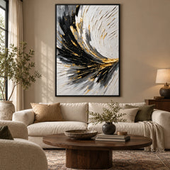 Ownanart Hand-Painted Black White Grey and Gold Sweeping Lines Abstract Oil Painting – 3D Textured Vertical Impasto Canvas Wall Art for Living Room Bedroom Entryway and Office #OA 1546