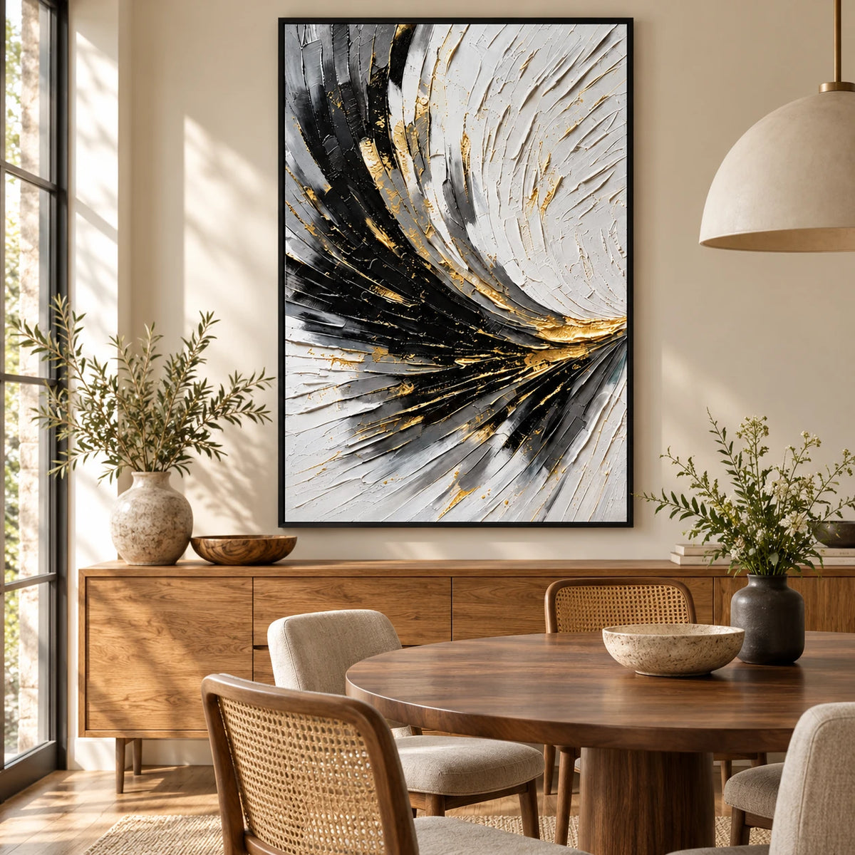 Ownanart Hand-Painted Black White Grey and Gold Sweeping Lines Abstract Oil Painting – 3D Textured Vertical Impasto Canvas Wall Art for Living Room Bedroom Entryway and Office