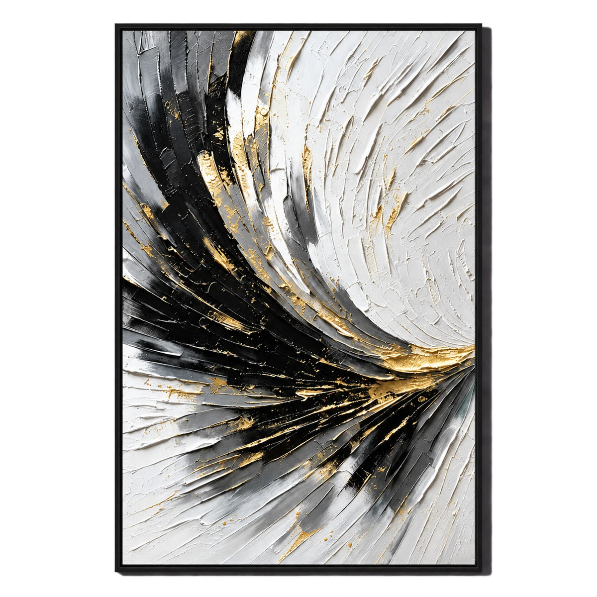 Ownanart Hand-Painted Black White Grey and Gold Sweeping Lines Abstract Oil Painting – 3D Textured Vertical Impasto Canvas Wall Art for Living Room Bedroom Entryway and Office