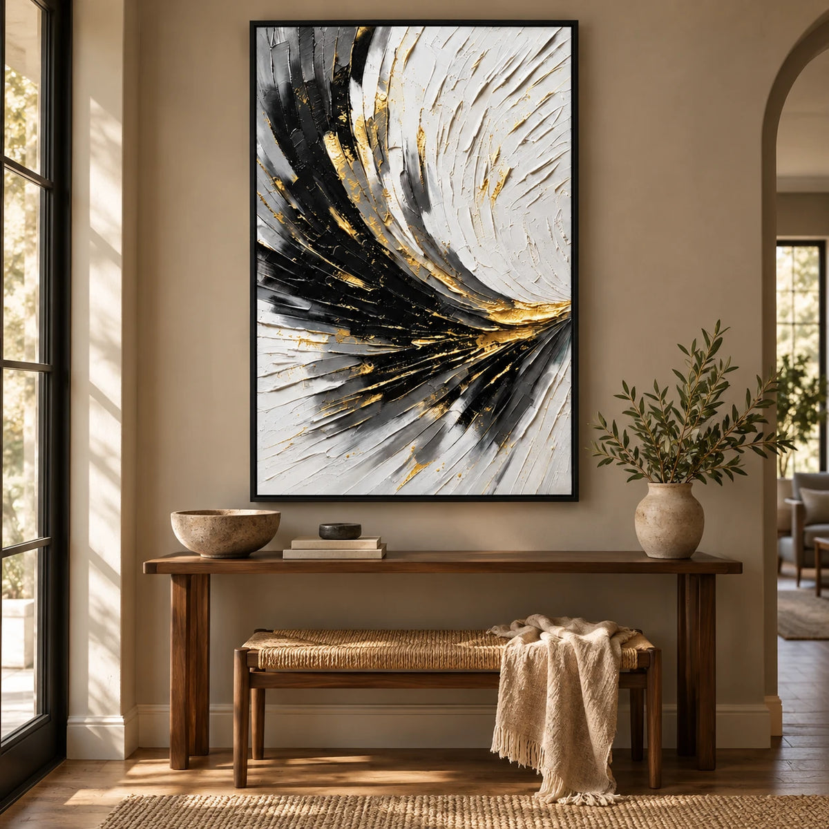 Ownanart Hand-Painted Black White Grey and Gold Sweeping Lines Abstract Oil Painting – 3D Textured Vertical Impasto Canvas Wall Art for Living Room Bedroom Entryway and Office