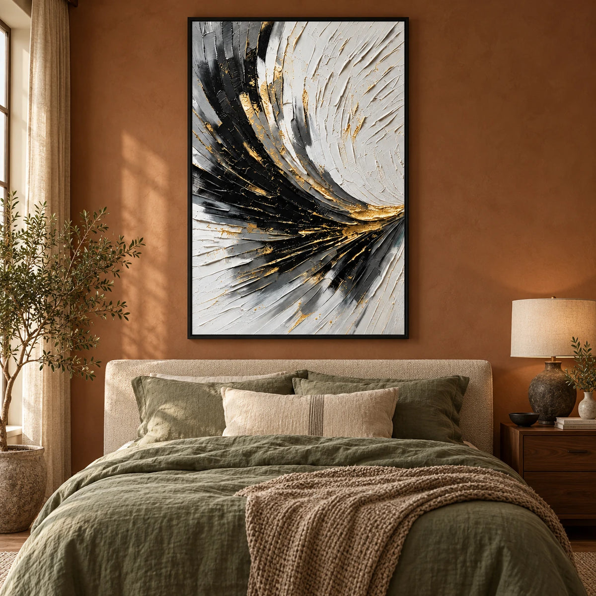 Ownanart Hand-Painted Black White Grey and Gold Sweeping Lines Abstract Oil Painting – 3D Textured Vertical Impasto Canvas Wall Art for Living Room Bedroom Entryway and Office