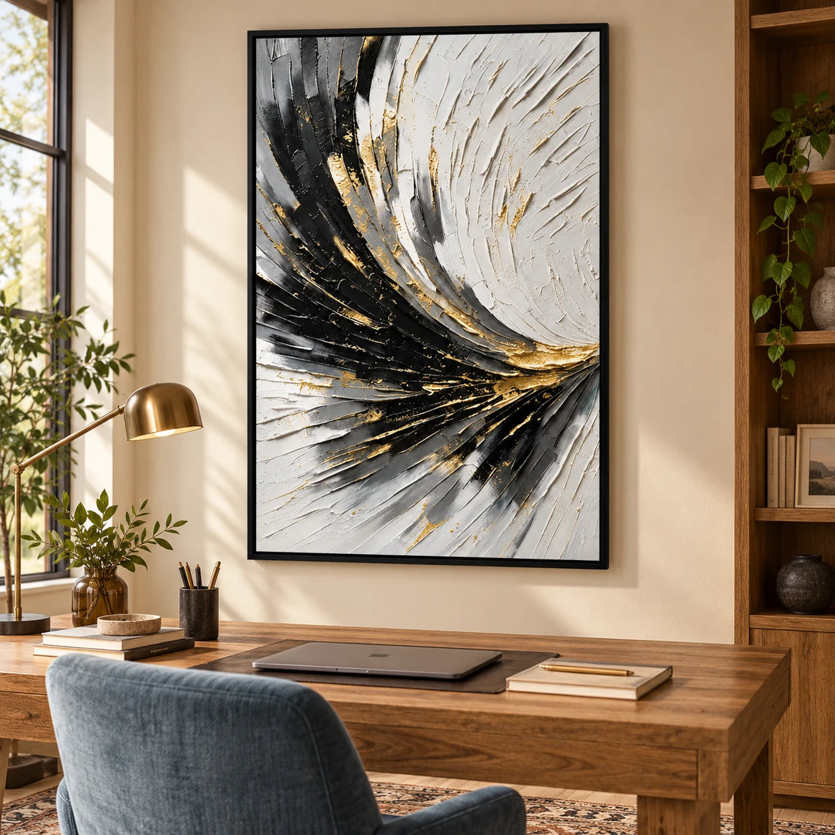 Ownanart Hand-Painted Black White Grey and Gold Sweeping Lines Abstract Oil Painting – 3D Textured Vertical Impasto Canvas Wall Art for Living Room Bedroom Entryway and Office