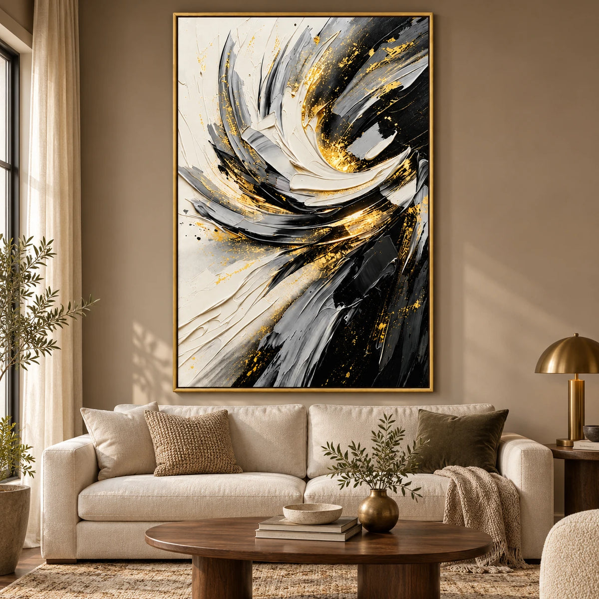 Ownanart Hand-Painted Black White Grey and Gold Swirling Abstract Oil Painting – 3D Textured Vertical Impasto Canvas Wall Art for Living Room Bedroom Entryway and Office