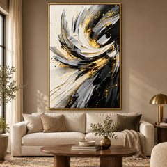 Ownanart Hand-Painted Black White Grey and Gold Swirling Abstract Oil Painting – 3D Textured Vertical Impasto Canvas Wall Art for Living Room Bedroom Entryway and Office #OA 1532
