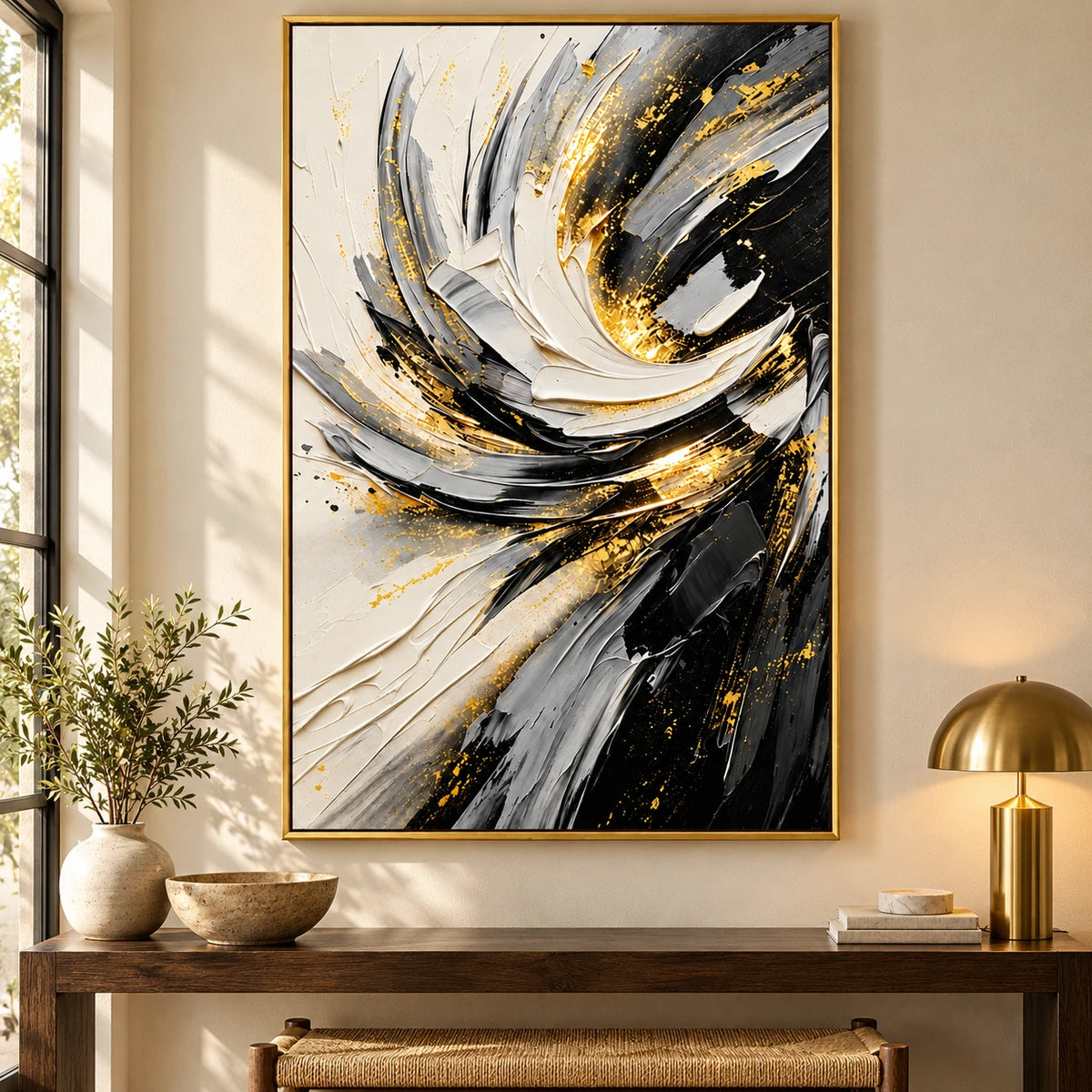 Ownanart Hand-Painted Black White Grey and Gold Swirling Abstract Oil Painting – 3D Textured Vertical Impasto Canvas Wall Art for Living Room Bedroom Entryway and Office