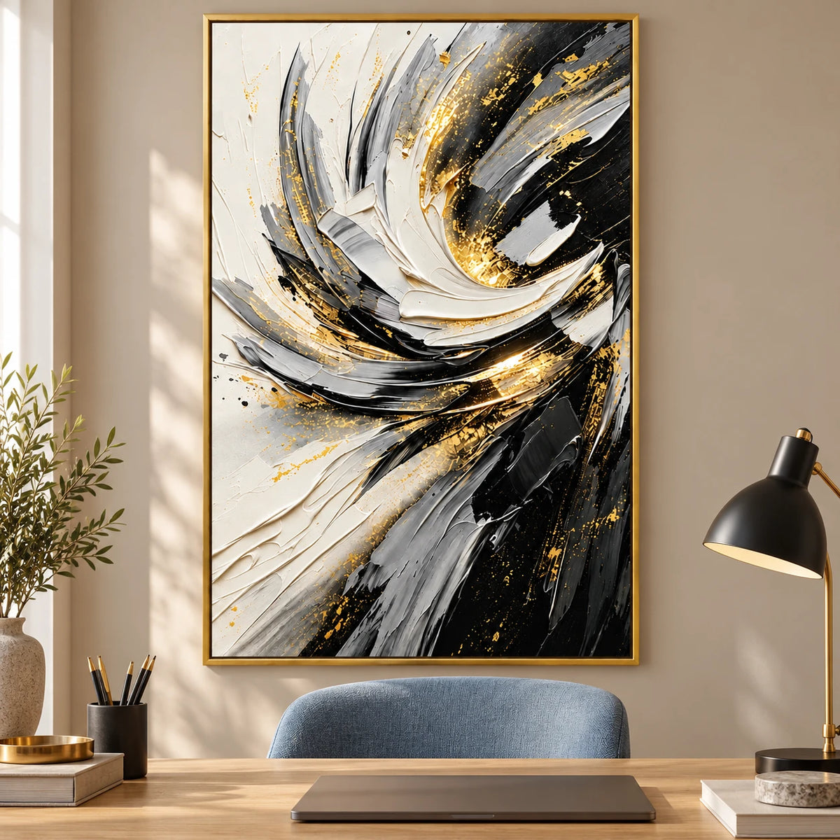 Ownanart Hand-Painted Black White Grey and Gold Swirling Abstract Oil Painting – 3D Textured Vertical Impasto Canvas Wall Art for Living Room Bedroom Entryway and Office