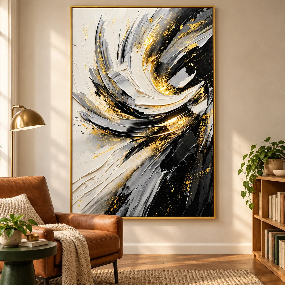 Ownanart Hand-Painted Black White Grey and Gold Swirling Abstract Oil Painting – 3D Textured Vertical Impasto Canvas Wall Art for Living Room Bedroom Entryway and Office