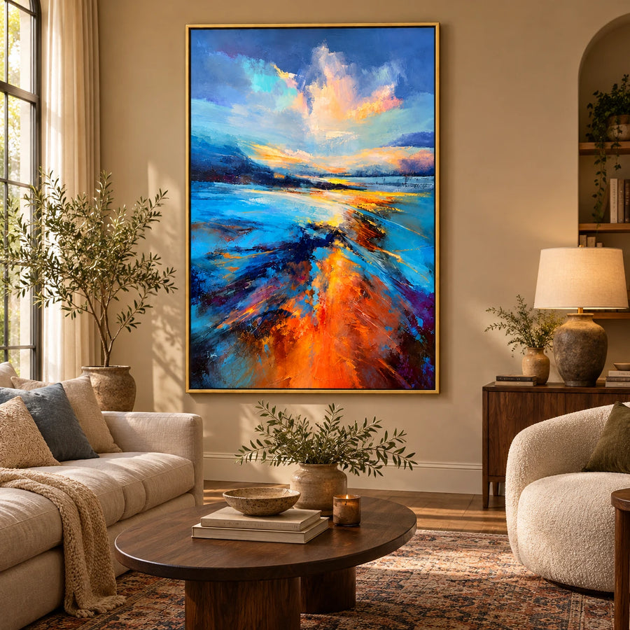 Ownanart Hand-Painted Blue and Orange Sunset Coastal Landscape Oil Painting – 3D Textured Vertical Impasto Canvas Wall Art for Living Room Bedroom Entryway and Office #OA 1545