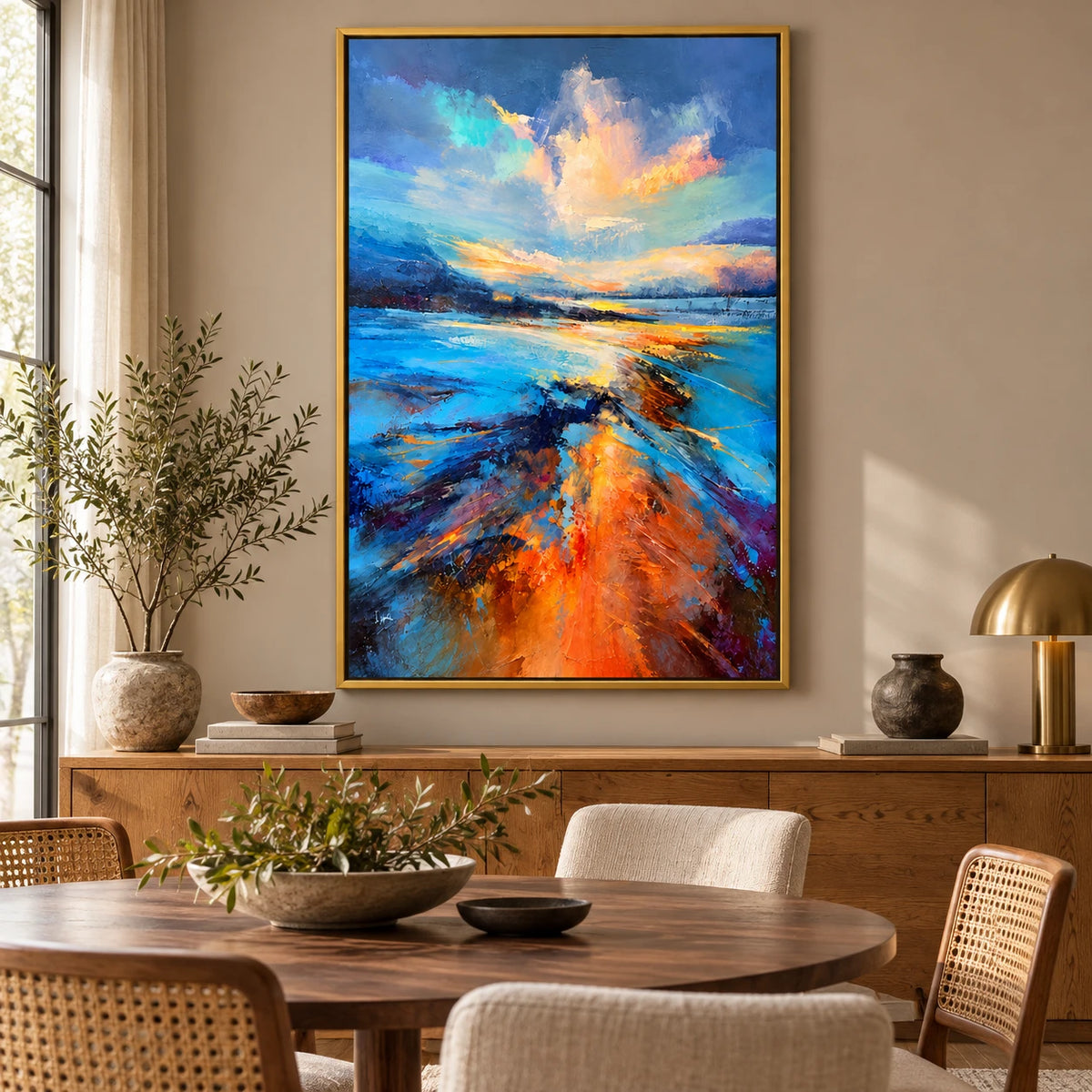Ownanart Hand-Painted Blue and Orange Sunset Coastal Landscape Oil Painting – 3D Textured Vertical Impasto Canvas Wall Art for Living Room Bedroom Entryway and Office