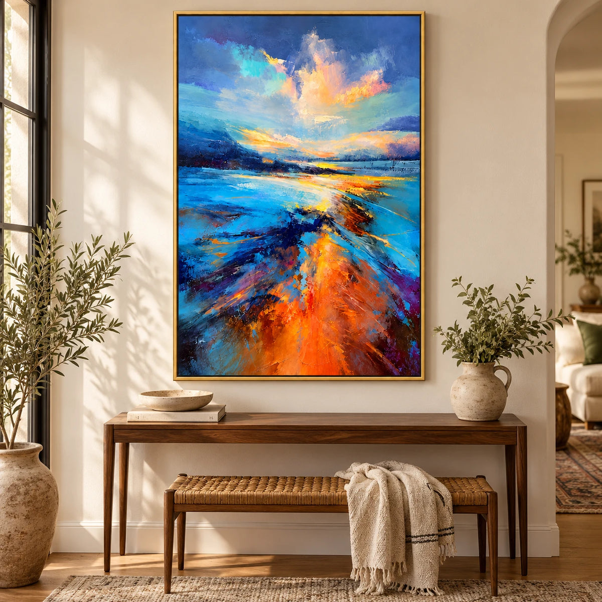 Ownanart Hand-Painted Blue and Orange Sunset Coastal Landscape Oil Painting – 3D Textured Vertical Impasto Canvas Wall Art for Living Room Bedroom Entryway and Office