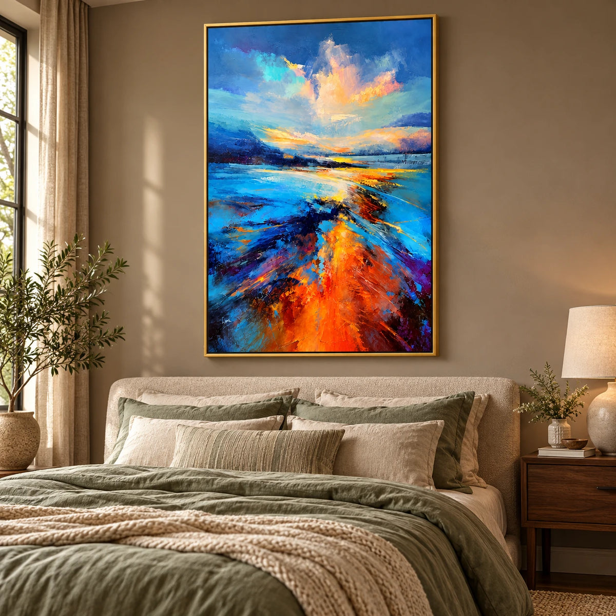 Ownanart Hand-Painted Blue and Orange Sunset Coastal Landscape Oil Painting – 3D Textured Vertical Impasto Canvas Wall Art for Living Room Bedroom Entryway and Office