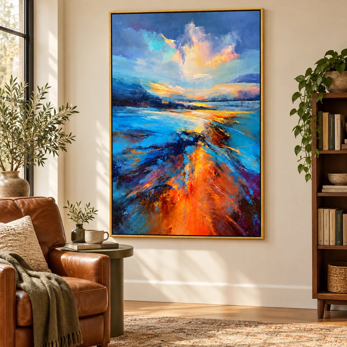 Ownanart Hand-Painted Blue and Orange Sunset Coastal Landscape Oil Painting – 3D Textured Vertical Impasto Canvas Wall Art for Living Room Bedroom Entryway and Office