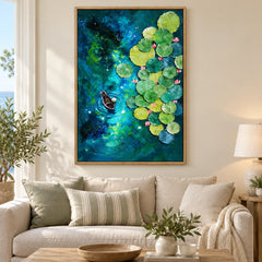 Ownanart Hand-Painted Boat among Water Lilies on Blue Green Pond Oil Painting – Textured Botanical Waterscape Art, 3D Textured Vertical Canvas Wall Art for Living Room Bedroom Entryway and Office #OA 1528