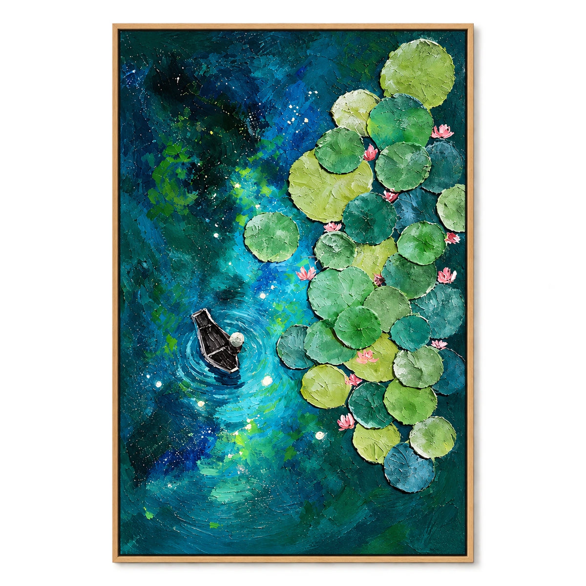 Ownanart Hand-Painted Boat among Water Lilies on Blue Green Pond Oil Painting – Textured Botanical Waterscape Art, 3D Textured Vertical Canvas Wall Art for Living Room Bedroom Entryway and Office