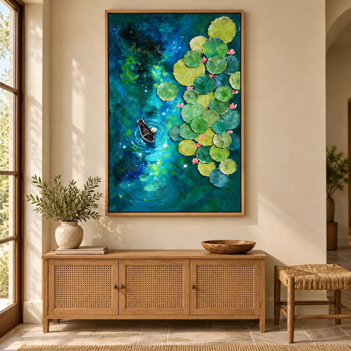 Ownanart Hand-Painted Boat among Water Lilies on Blue Green Pond Oil Painting – Textured Botanical Waterscape Art, 3D Textured Vertical Canvas Wall Art for Living Room Bedroom Entryway and Office