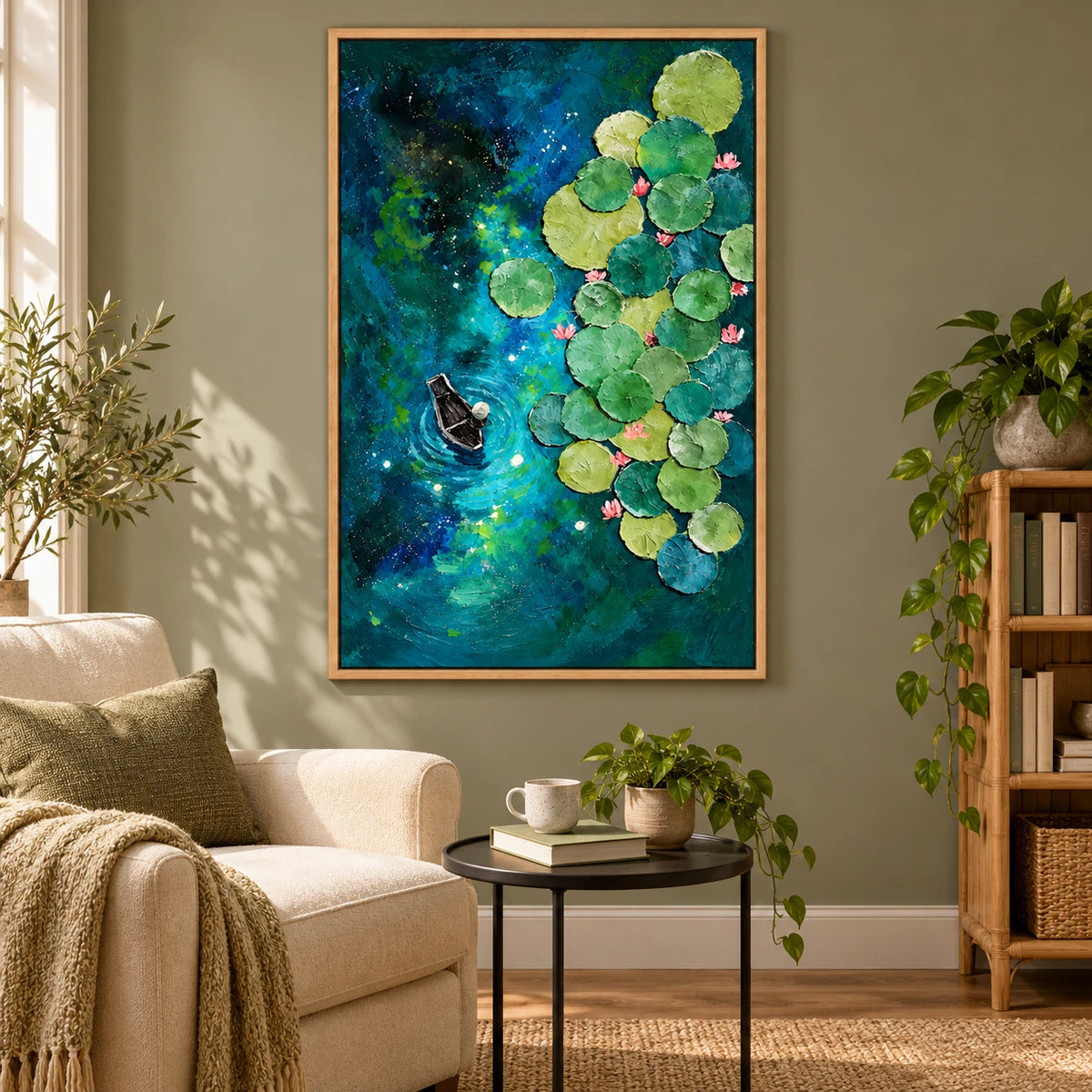 Ownanart Hand-Painted Boat among Water Lilies on Blue Green Pond Oil Painting – Textured Botanical Waterscape Art, 3D Textured Vertical Canvas Wall Art for Living Room Bedroom Entryway and Office