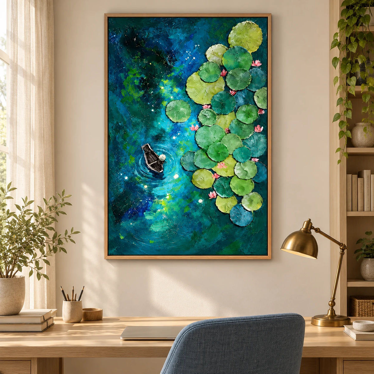 Ownanart Hand-Painted Boat among Water Lilies on Blue Green Pond Oil Painting – Textured Botanical Waterscape Art, 3D Textured Vertical Canvas Wall Art for Living Room Bedroom Entryway and Office