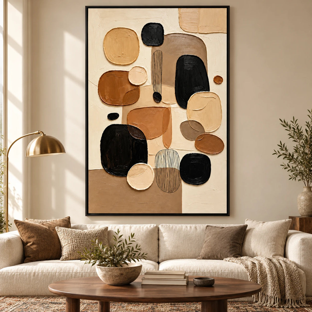 Ownanart Hand-Painted Brown Black Beige and Cream Organic Shapes Abstract Oil Painting – 3D Textured Vertical Impasto Canvas Wall Art for Living Room Bedroom Entryway and Office