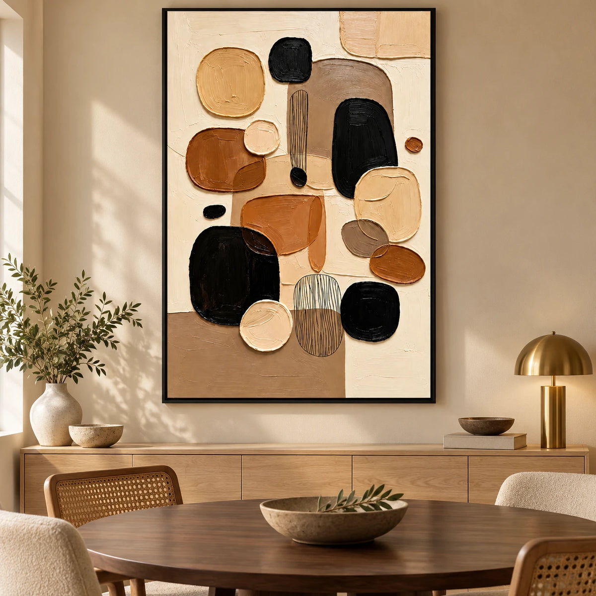 Ownanart Hand-Painted Brown Black Beige and Cream Organic Shapes Abstract Oil Painting – 3D Textured Vertical Impasto Canvas Wall Art for Living Room Bedroom Entryway and Office
