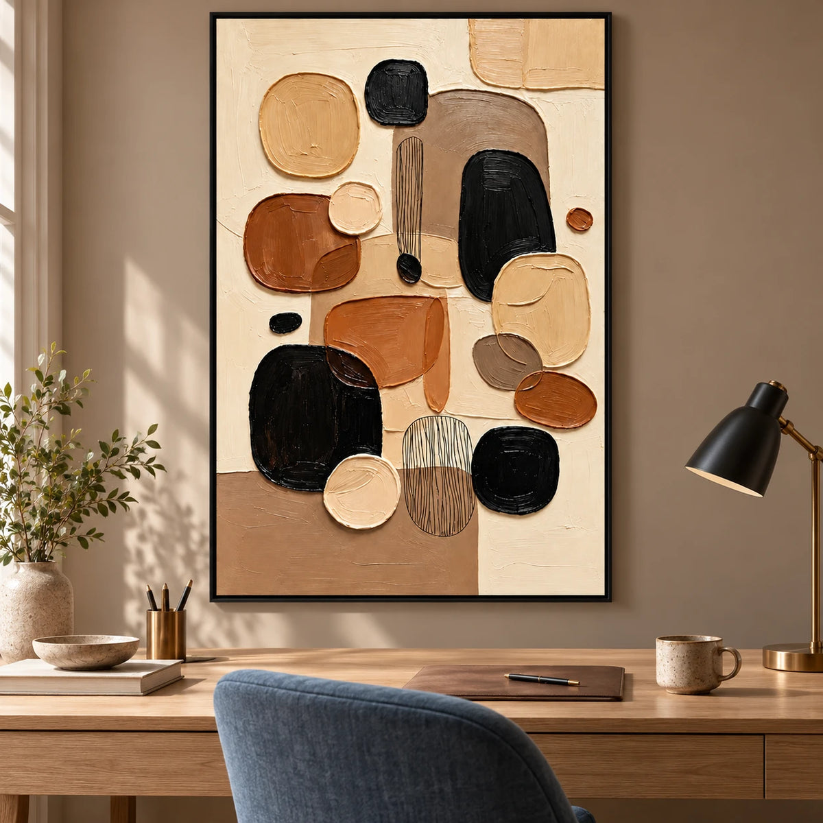 Ownanart Hand-Painted Brown Black Beige and Cream Organic Shapes Abstract Oil Painting – 3D Textured Vertical Impasto Canvas Wall Art for Living Room Bedroom Entryway and Office