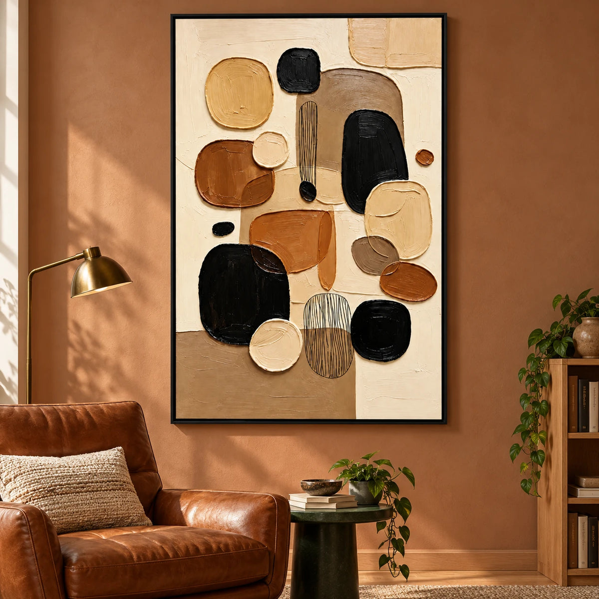 Ownanart Hand-Painted Brown Black Beige and Cream Organic Shapes Abstract Oil Painting – 3D Textured Vertical Impasto Canvas Wall Art for Living Room Bedroom Entryway and Office