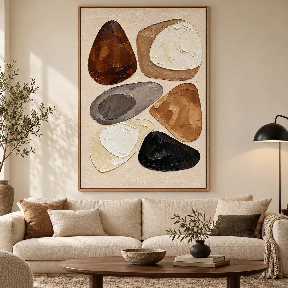 Ownanart Hand-Painted Brown Black Cream and Grey Organic Shapes Abstract Oil Painting – 3D Textured Vertical Impasto Canvas Wall Art for Living Room Bedroom Entryway and Office