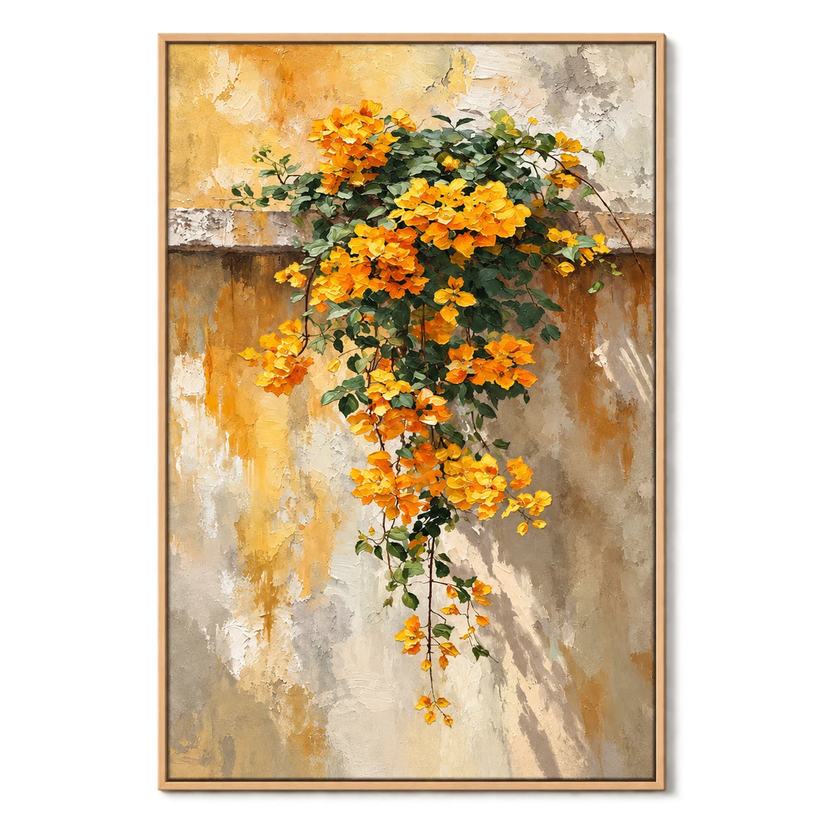 Ownanart Hand-Painted Cascading Yellow Flowers on Textured Wall Oil Painting – Textured Botanical Floral, 3D Textured Vertical Canvas Wall Art for Living Room Bedroom Entryway and Office